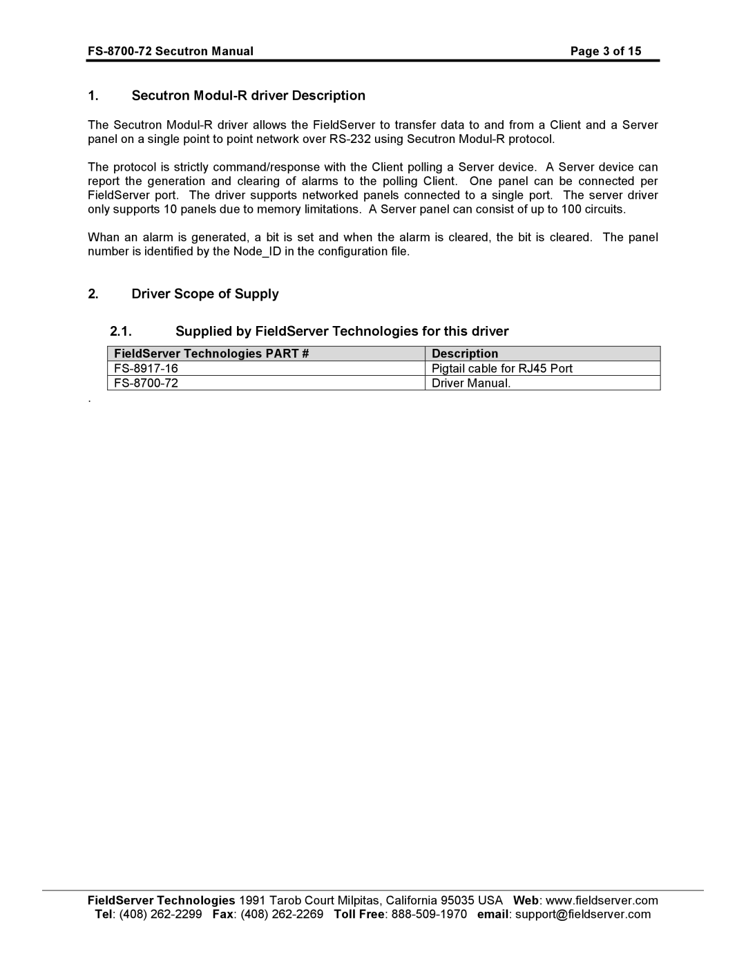 FieldServer FS-8700-72 instruction manual Secutron Modul-R driver Description 