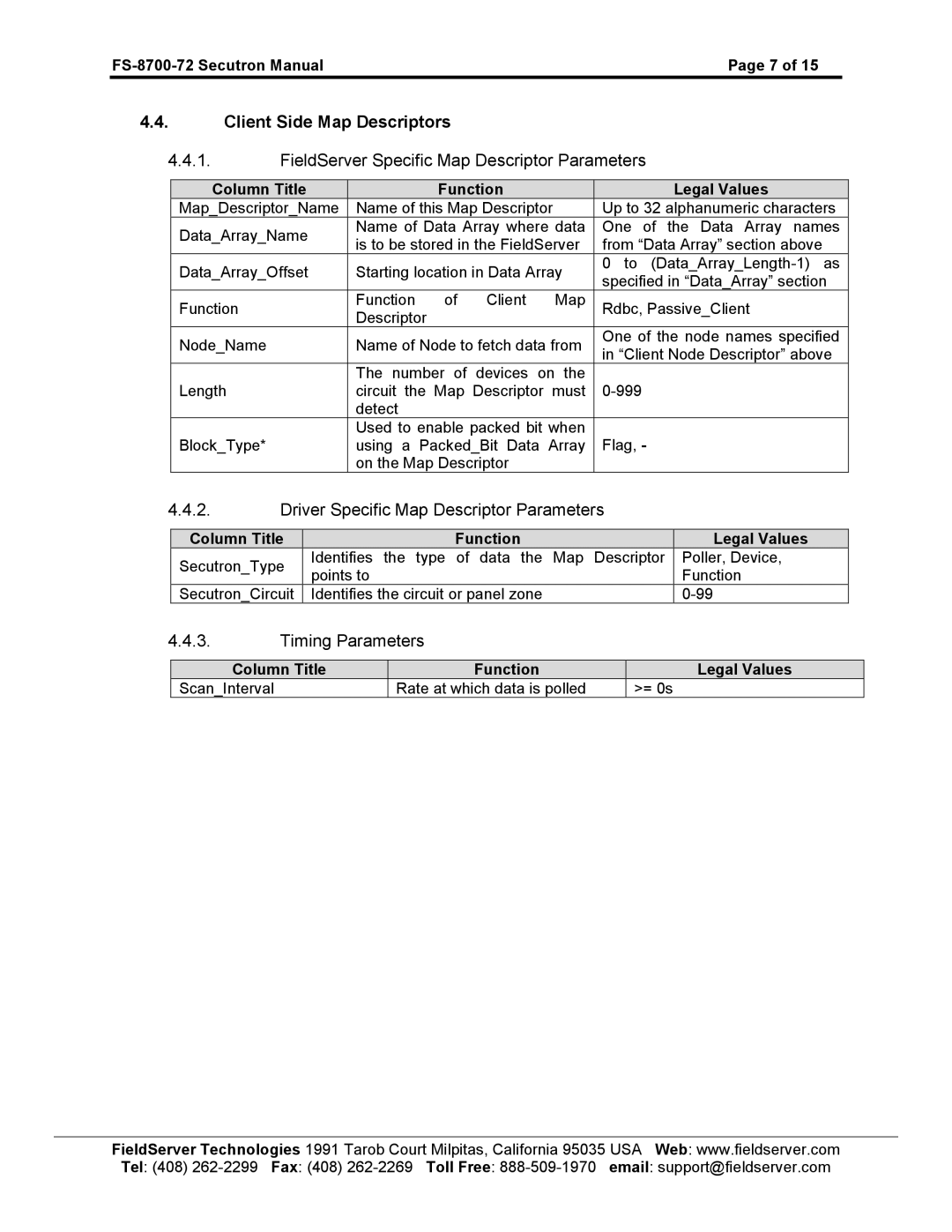 FieldServer FS-8700-72 instruction manual Driver Specific Map Descriptor Parameters 