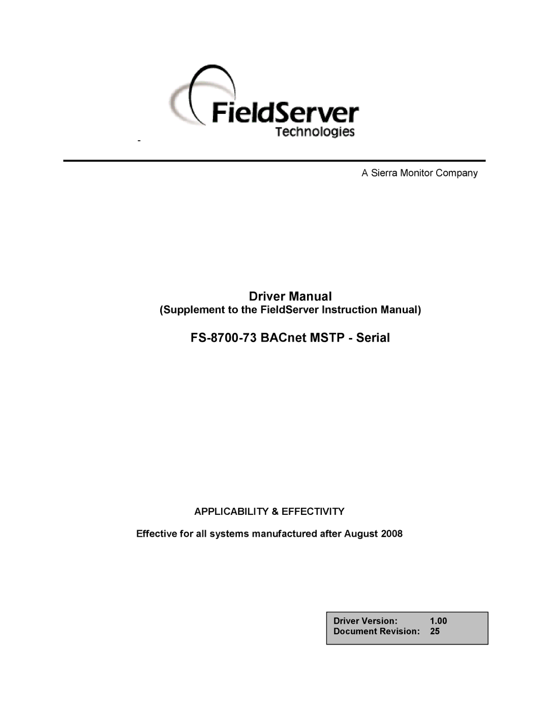 FieldServer FS-8700-73 instruction manual Sierra Monitor Company, Effective for all systems manufactured after August 