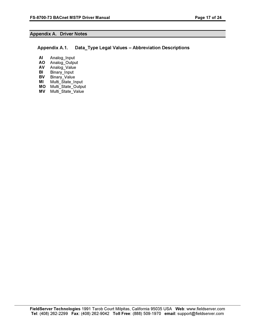 FieldServer instruction manual FS-8700-73 BACnet Mstp Driver Manual 