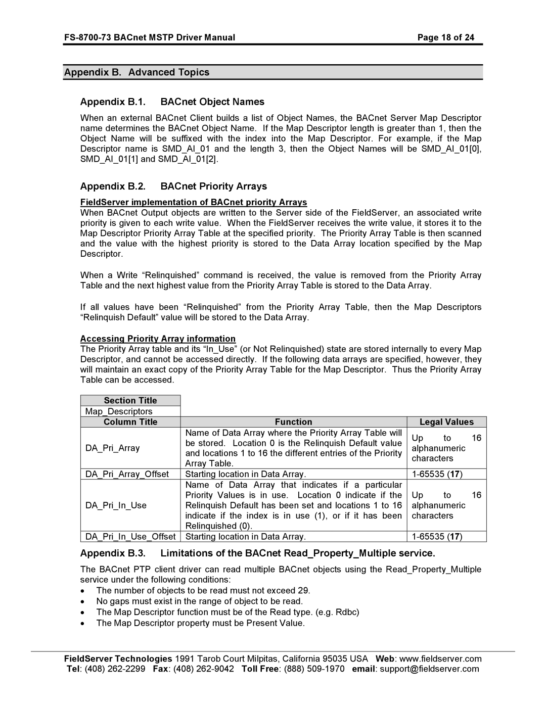 FieldServer FS-8700-73 instruction manual Appendix B.2. BACnet Priority Arrays 