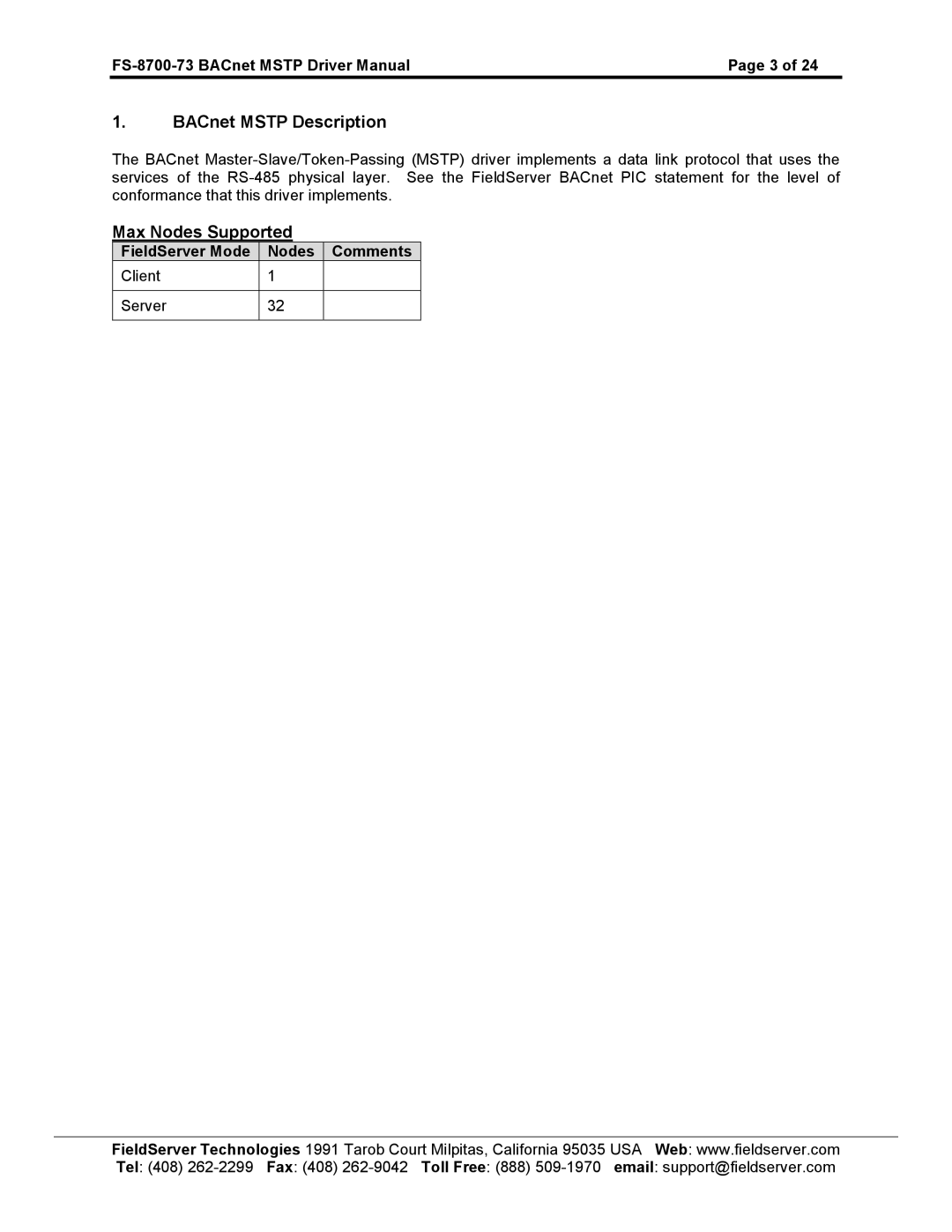 FieldServer FS-8700-73 instruction manual BACnet Mstp Description, Max Nodes Supported 