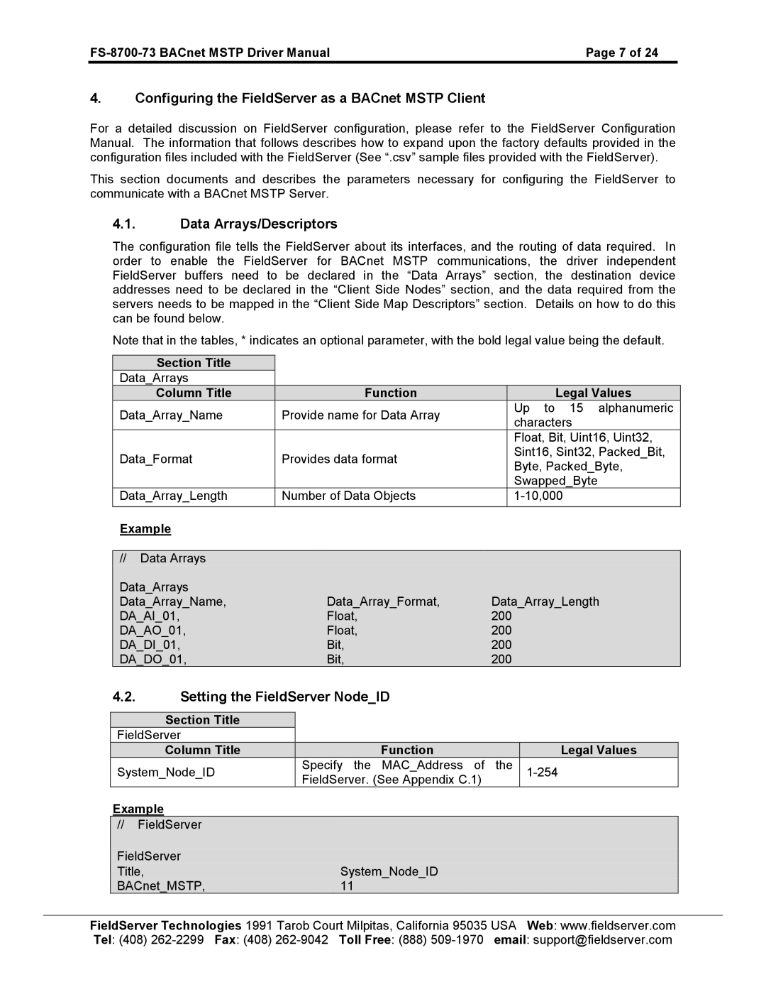 FieldServer FS-8700-73 instruction manual Configuring the FieldServer as a BACnet Mstp Client, Data Arrays/Descriptors 