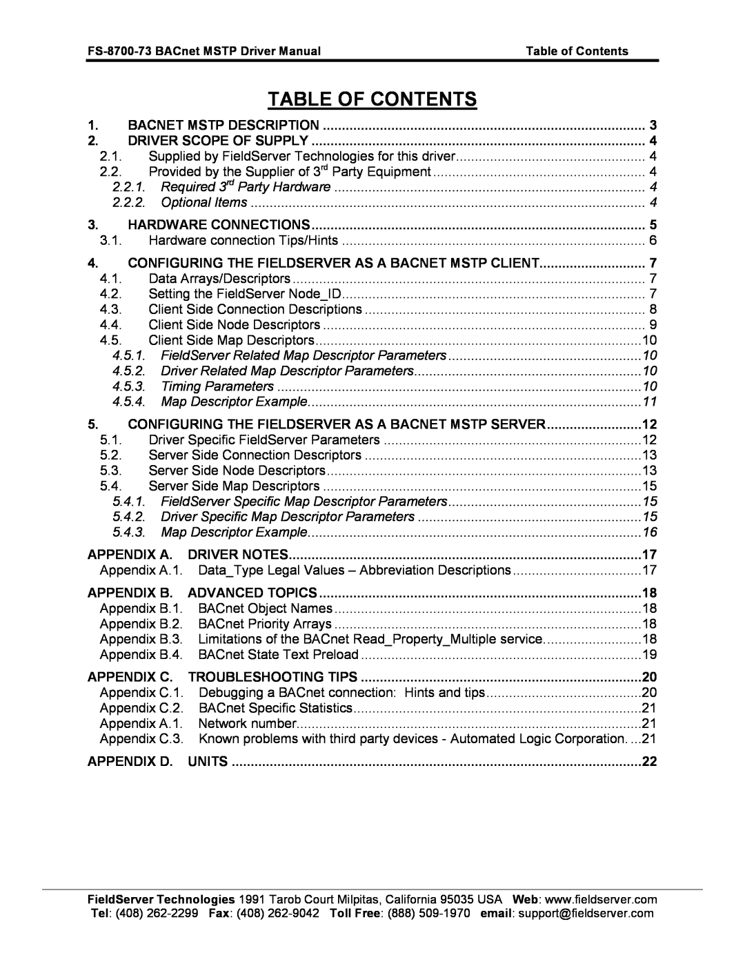 FieldServer instruction manual Table Of Contents, FS-8700-73 BACnet MSTP Driver Manual, Table of Contents 