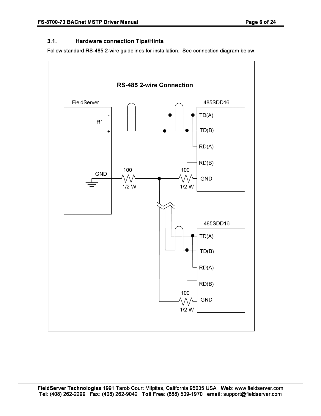 FieldServer instruction manual Hardware connection Tips/Hints, FS-8700-73 BACnet MSTP Driver Manual, Page 6 of 