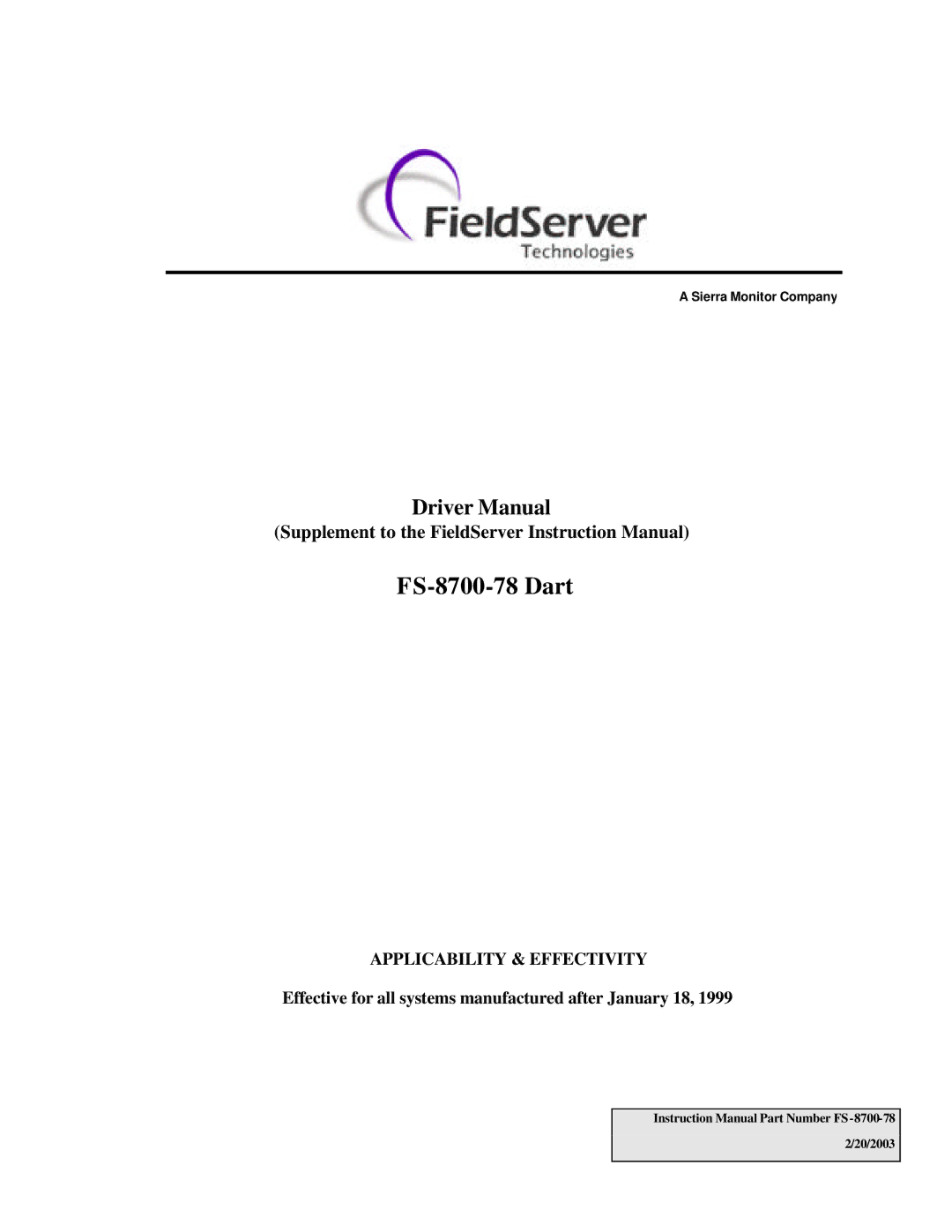 FieldServer instruction manual FS-8700-78 Dart, Effective for all systems manufactured after January 18 