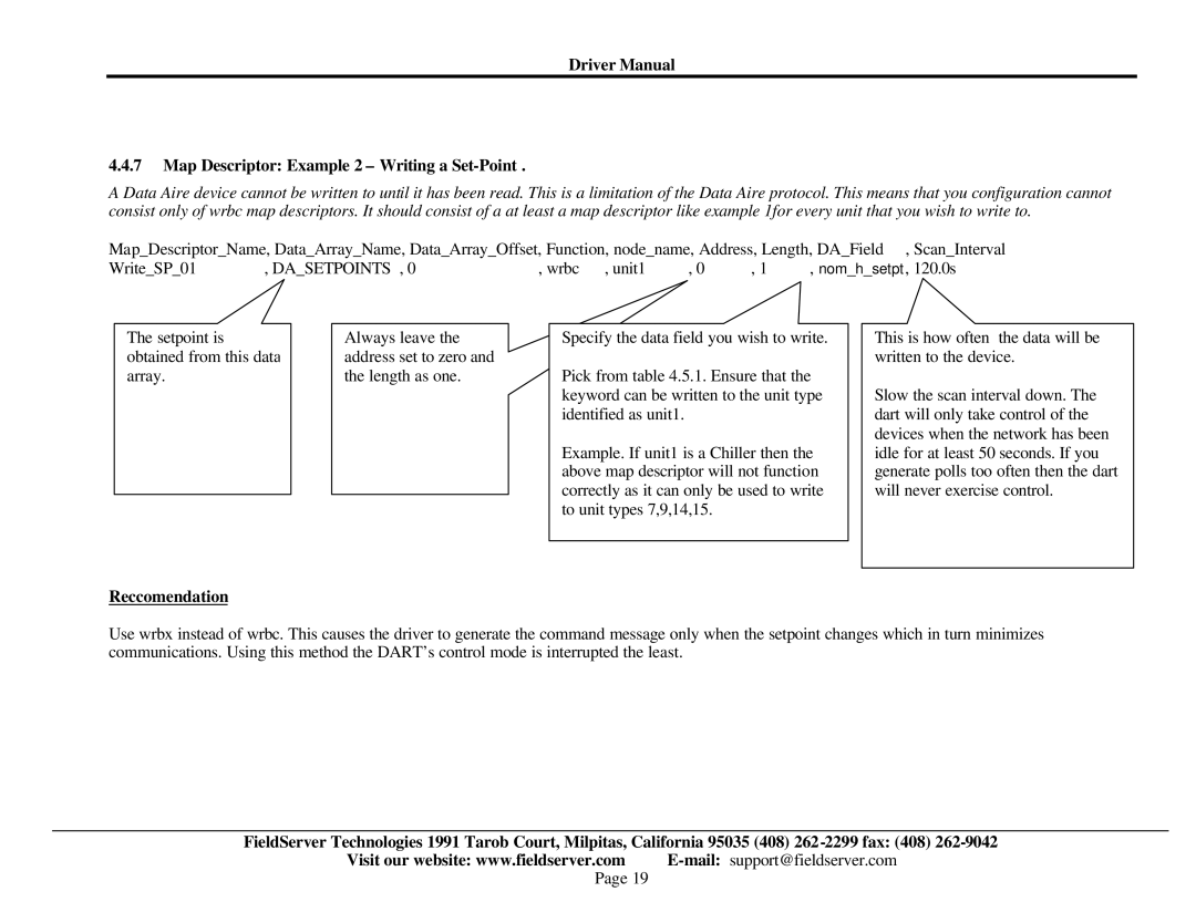 FieldServer FS-8700-78 instruction manual Driver Manual Map Descriptor Example 2 Writing a Set-Point, Reccomendation 