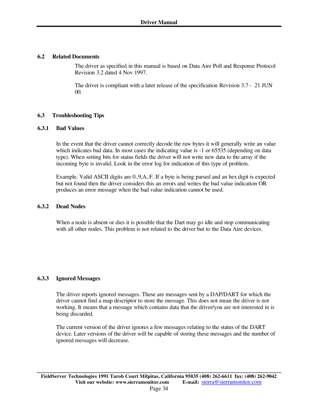 FieldServer FS-8700-78 Driver Manual Related Documents, Troubleshooting Tips Bad Values, Dead Nodes, Ignored Messages 