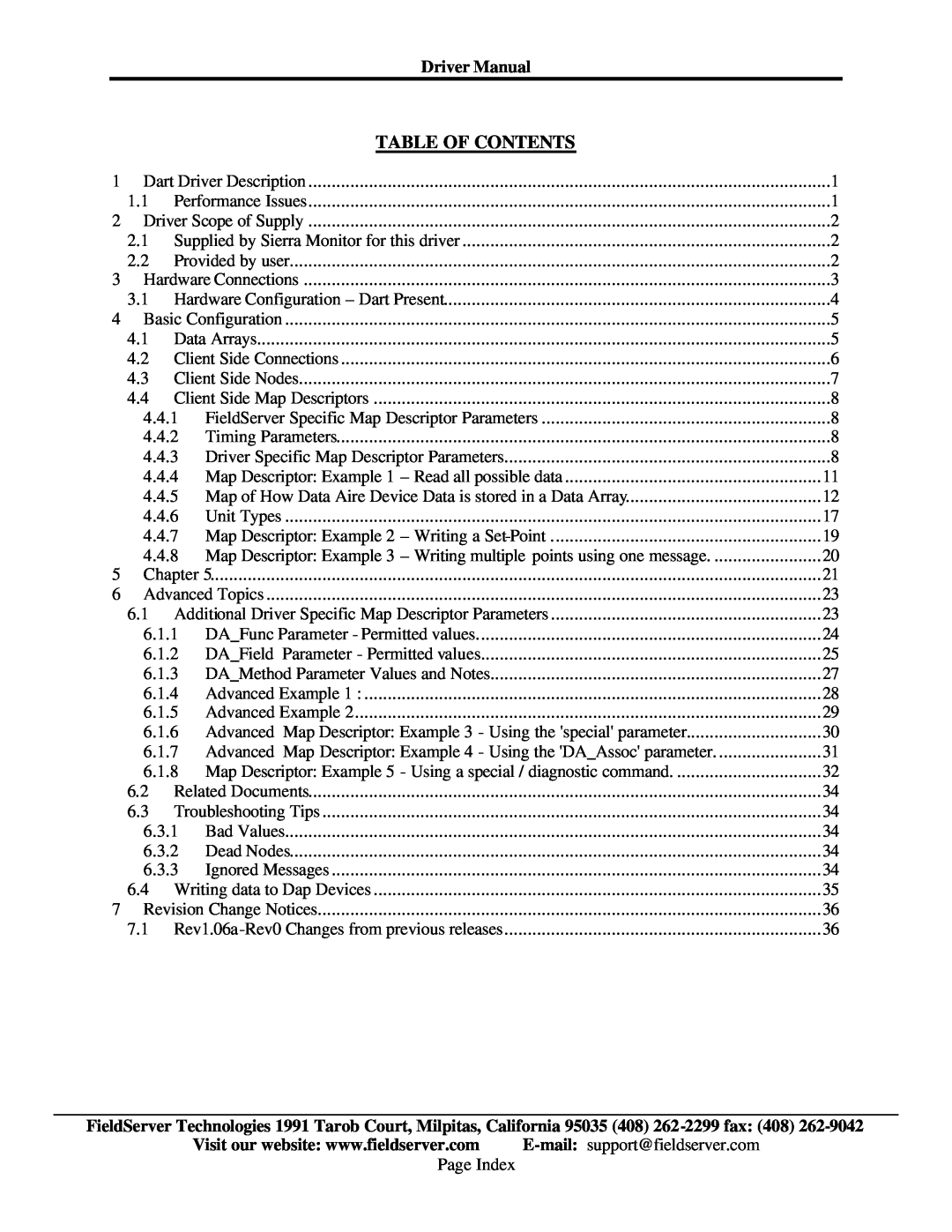 FieldServer FS-8700-78 instruction manual Table Of Contents, Driver Manual 