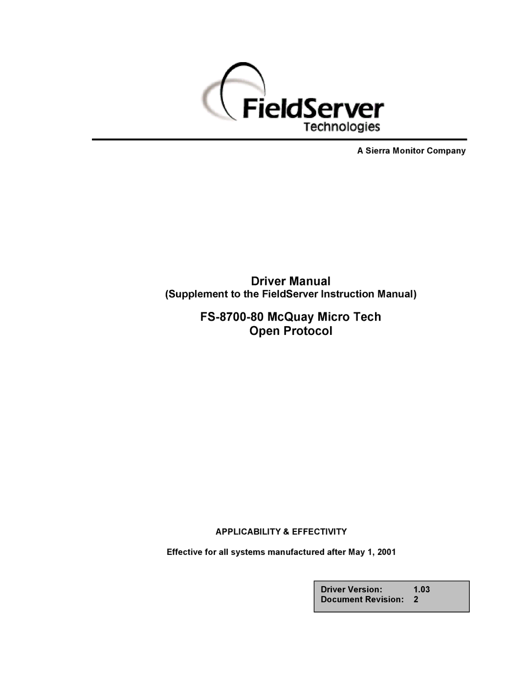 FieldServer instruction manual Driver Manual FS-8700-80 McQuay Micro Tech Open Protocol 