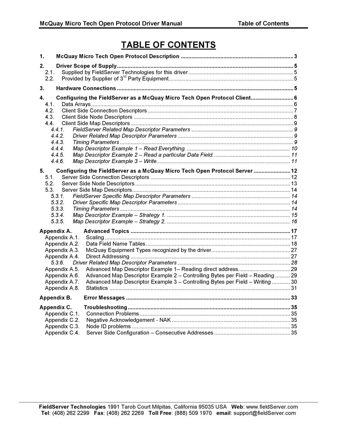 FieldServer FS-8700-80 instruction manual Table of Contents 