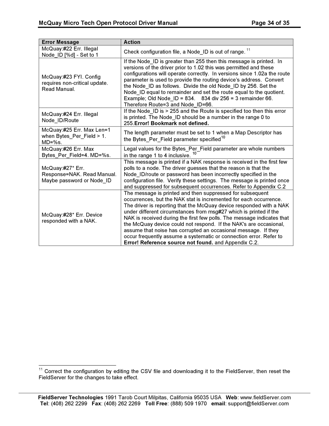 FieldServer FS-8700-80 instruction manual McQuay Micro Tech Open Protocol Driver Manual 