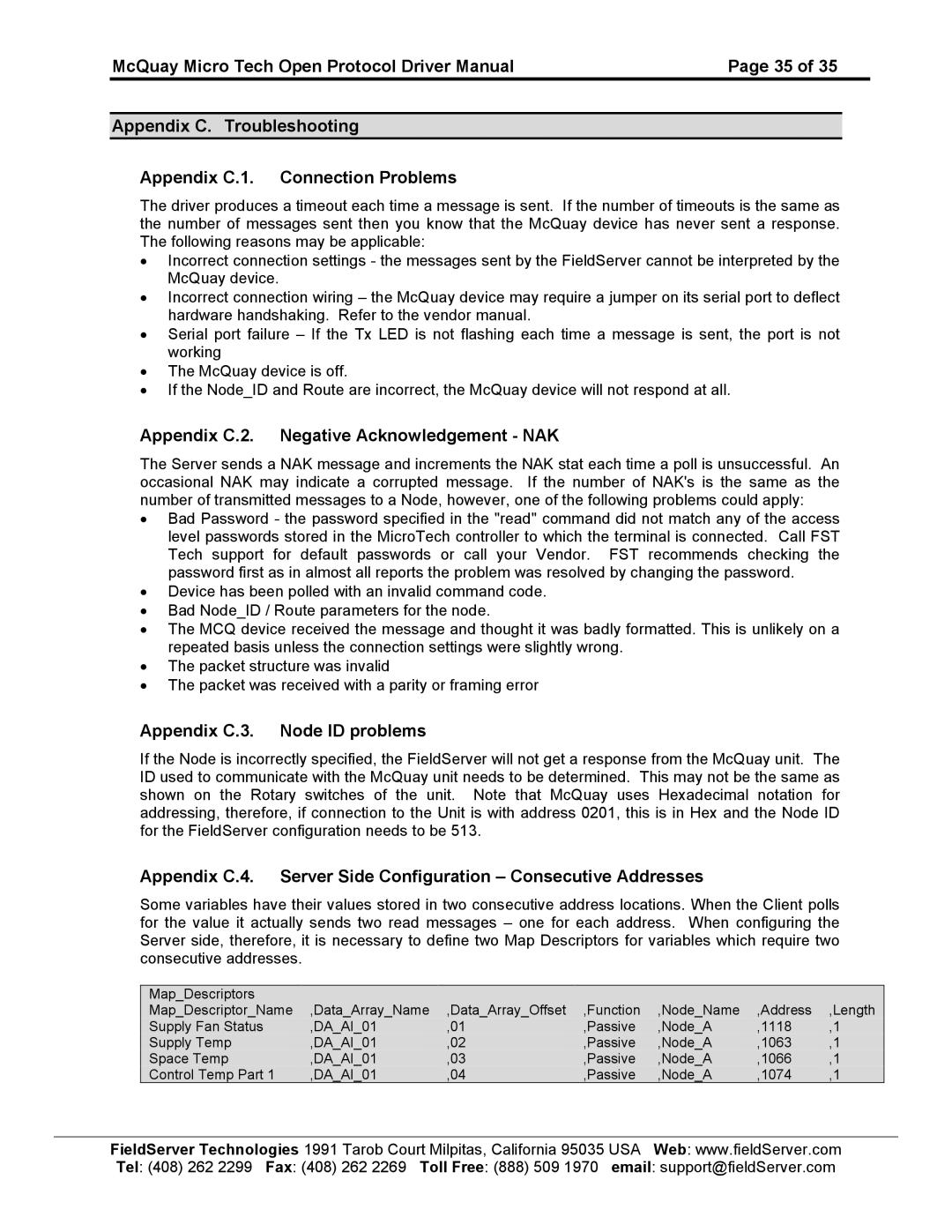 FieldServer FS-8700-80 instruction manual Appendix C.2. Negative Acknowledgement NAK, Appendix C.3. Node ID problems 