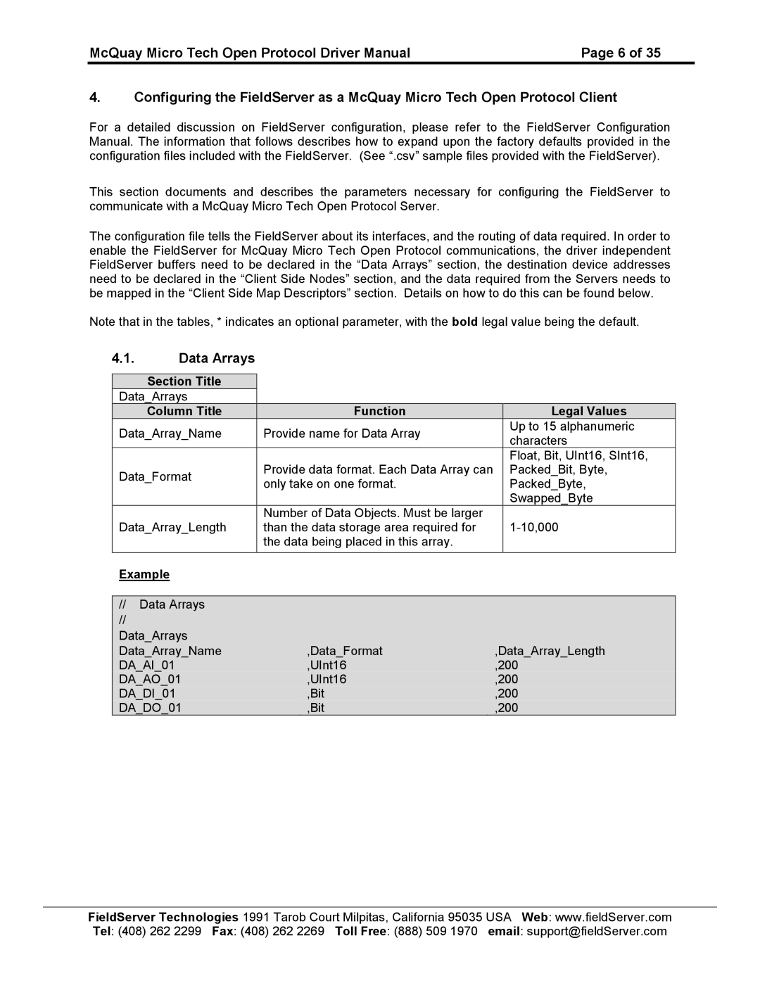 FieldServer FS-8700-80 instruction manual Data Arrays 