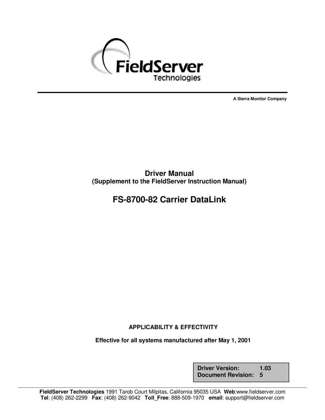 FieldServer instruction manual FS-8700-82 Carrier DataLink 