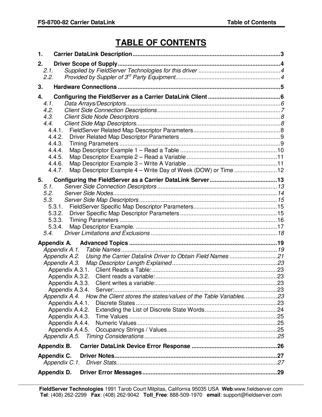 FieldServer FS-8700-82 instruction manual Table of Contents 