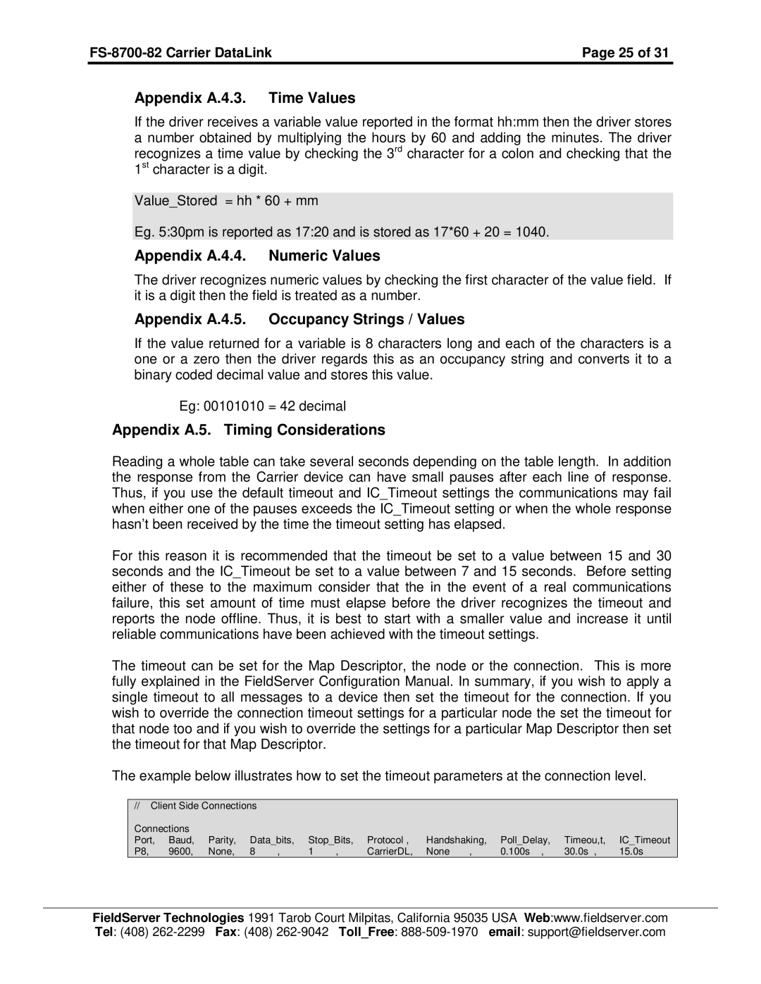 FieldServer FS-8700-82 Appendix A.4.3. Time Values, Appendix A.4.4. Numeric Values, Appendix A.5. Timing Considerations 