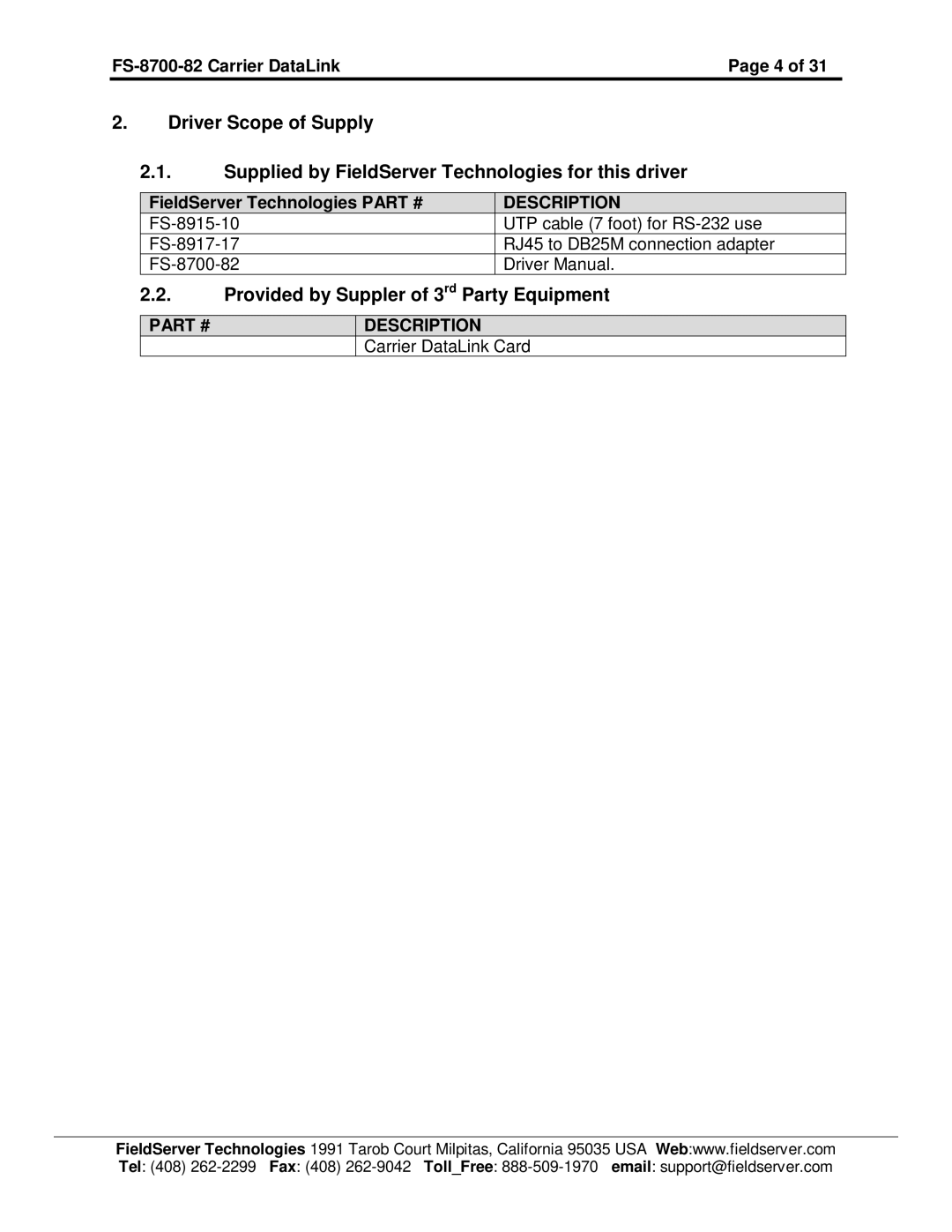 FieldServer FS-8700-82 instruction manual Provided by Suppler of 3 rd Party Equipment, FieldServer Technologies 