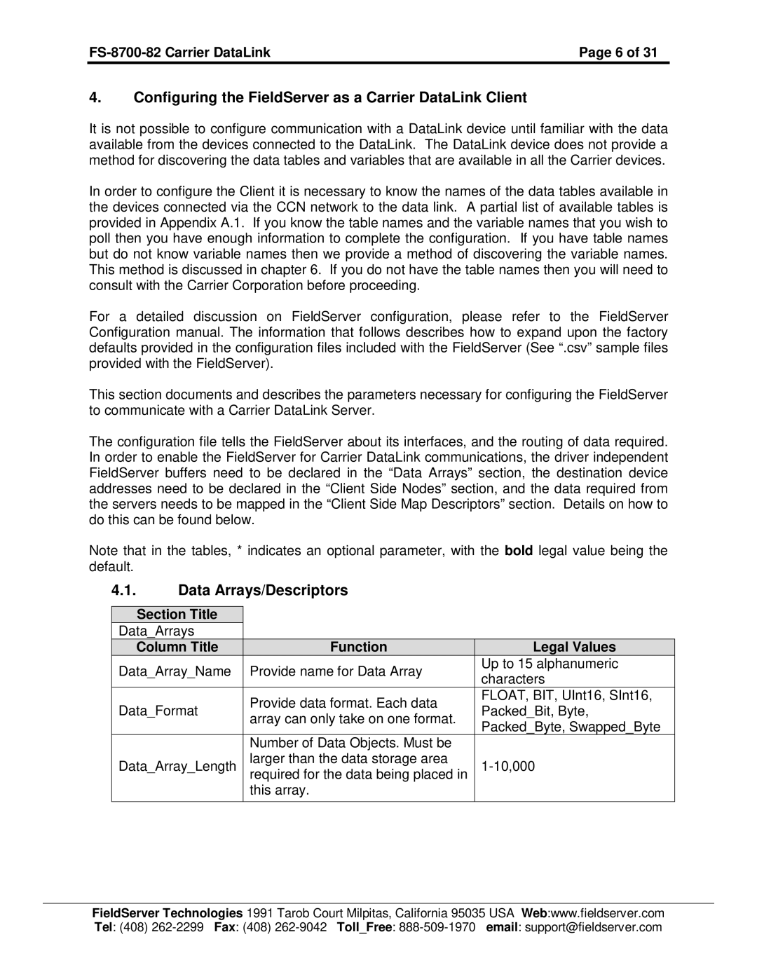 FieldServer FS-8700-82 Configuring the FieldServer as a Carrier DataLink Client, Data Arrays/Descriptors, Section Title 