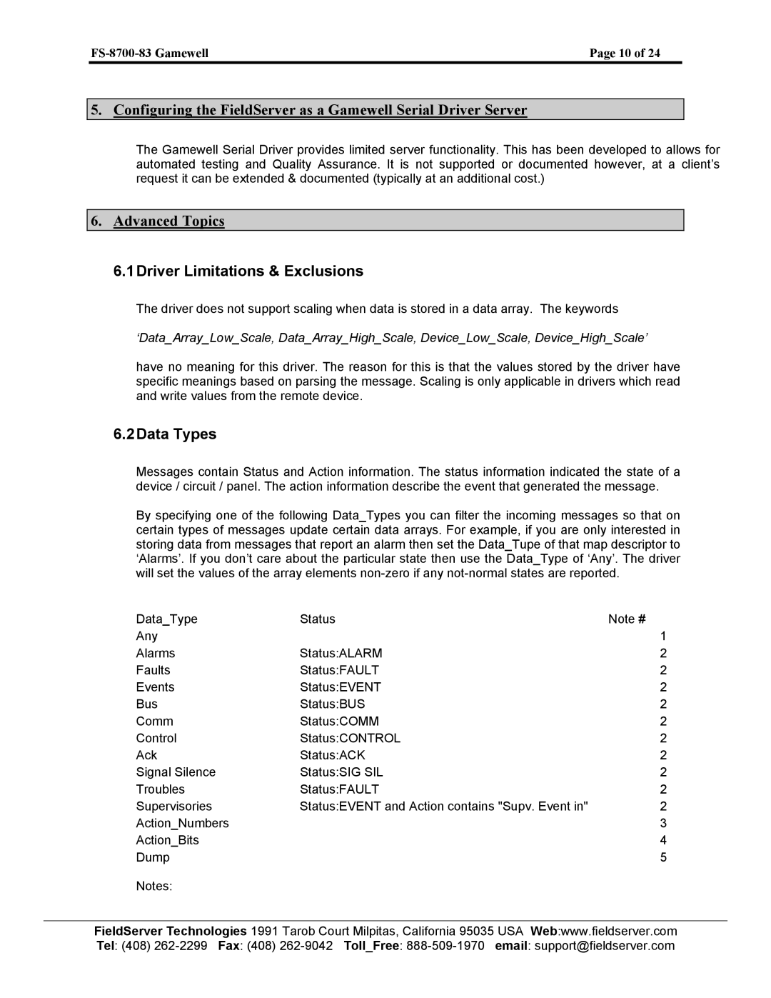 FieldServer FS-8700-83 instruction manual 1Driver Limitations & Exclusions, 2Data Types 