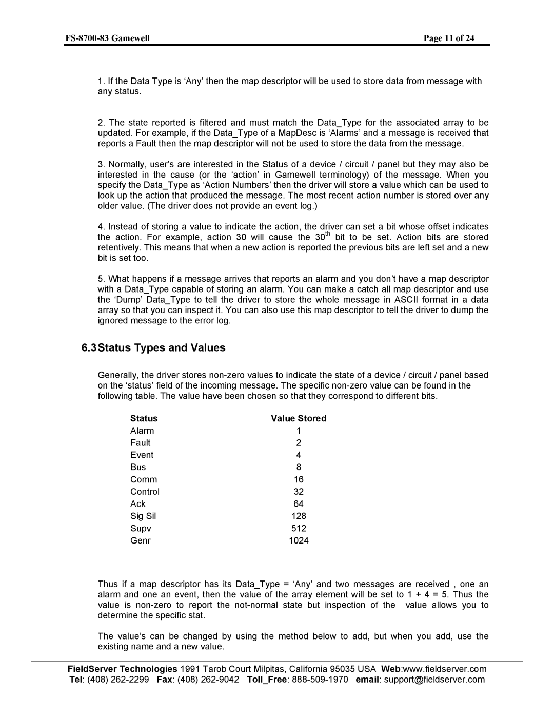 FieldServer FS-8700-83 instruction manual Status Types and Values 