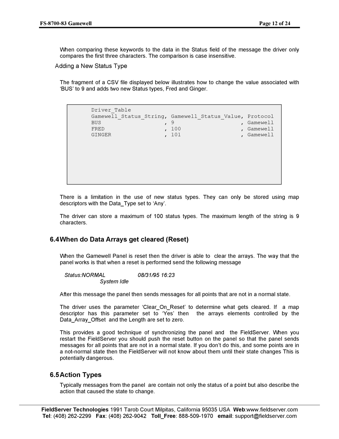 FieldServer FS-8700-83 instruction manual 4When do Data Arrays get cleared Reset, 5Action Types, Adding a New Status Type 