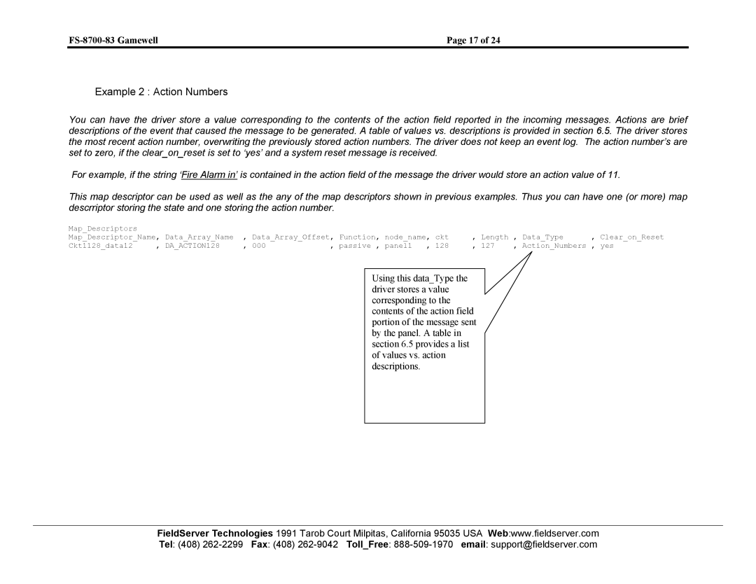 FieldServer FS-8700-83 instruction manual Example 2 Action Numbers 