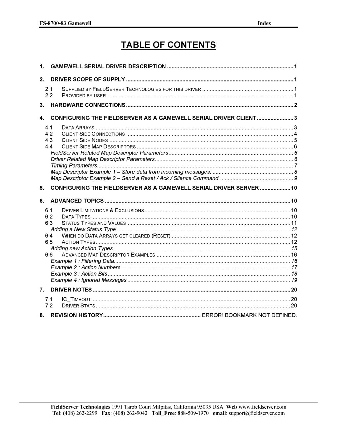 FieldServer FS-8700-83 instruction manual Table of Contents 