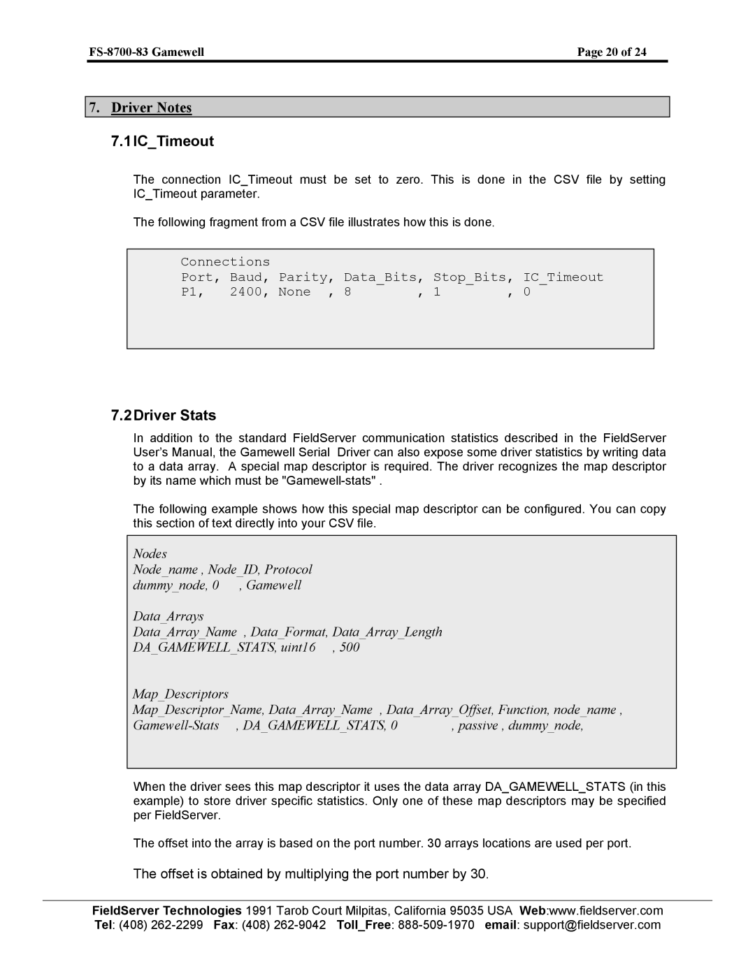 FieldServer FS-8700-83 instruction manual 1ICTimeout, 2Driver Stats, Offset is obtained by multiplying the port number by 