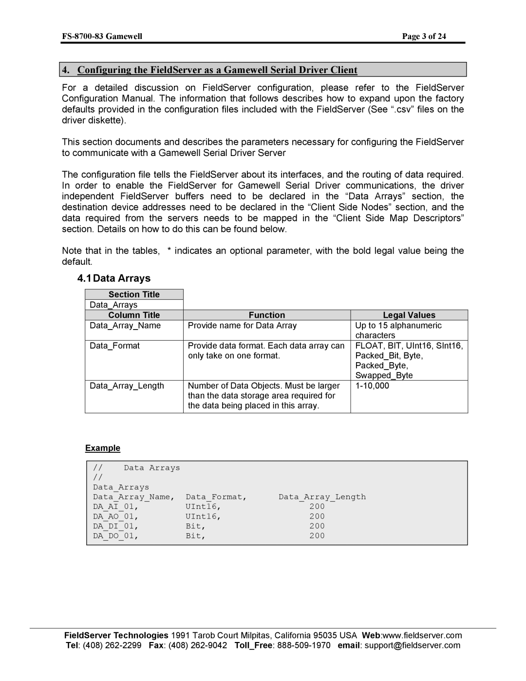 FieldServer FS-8700-83 instruction manual 1Data Arrays, Section Title, Column Title Function Legal Values, Example 