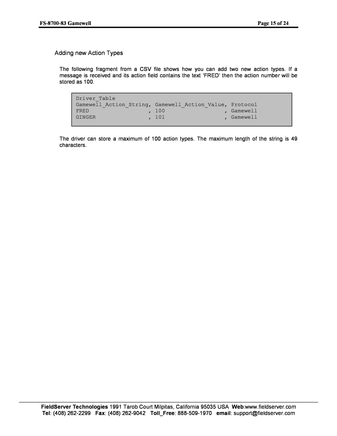 FieldServer instruction manual Adding new Action Types, FS-8700-83 Gamewell, Page 15 of 