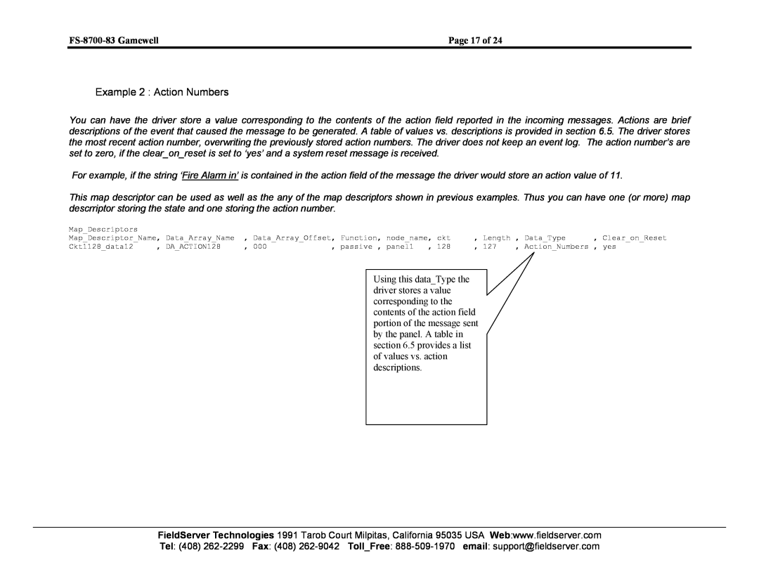 FieldServer instruction manual Example 2 Action Numbers, FS-8700-83 Gamewell, Page 17 of 