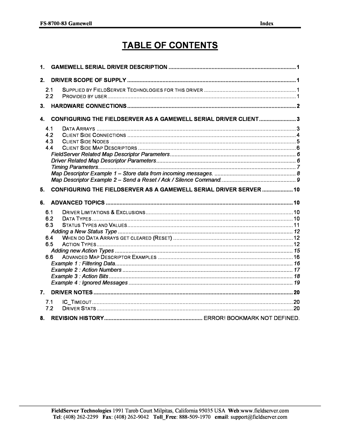 FieldServer instruction manual Table Of Contents, FS-8700-83 Gamewell, Index 
