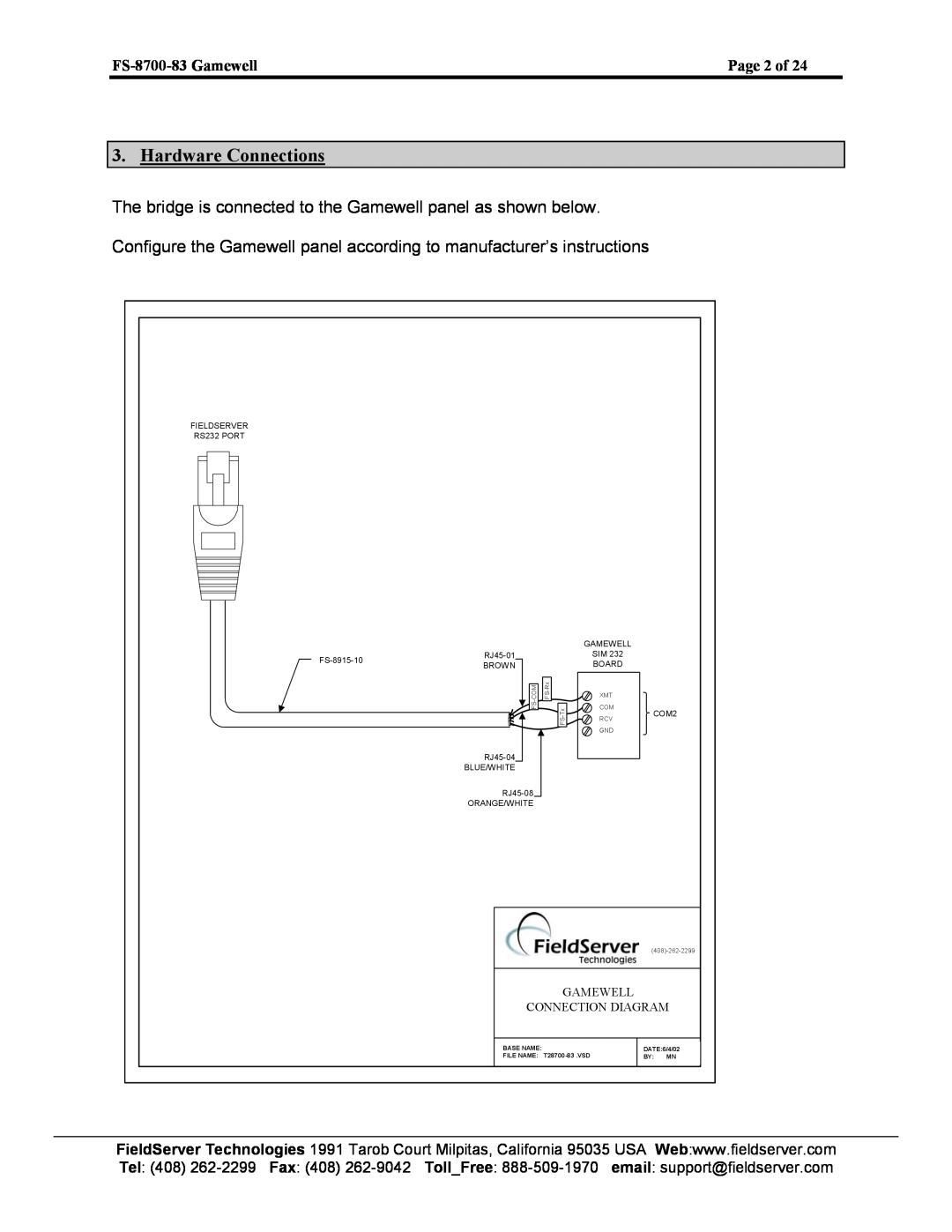 FieldServer instruction manual Hardware Connections, FS-8700-83 Gamewell, Page 2 of, Connection Diagram 
