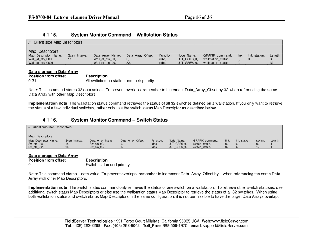 FieldServer FS-8700-84 instruction manual System Monitor Command Wallstation Status, System Monitor Command Switch Status 