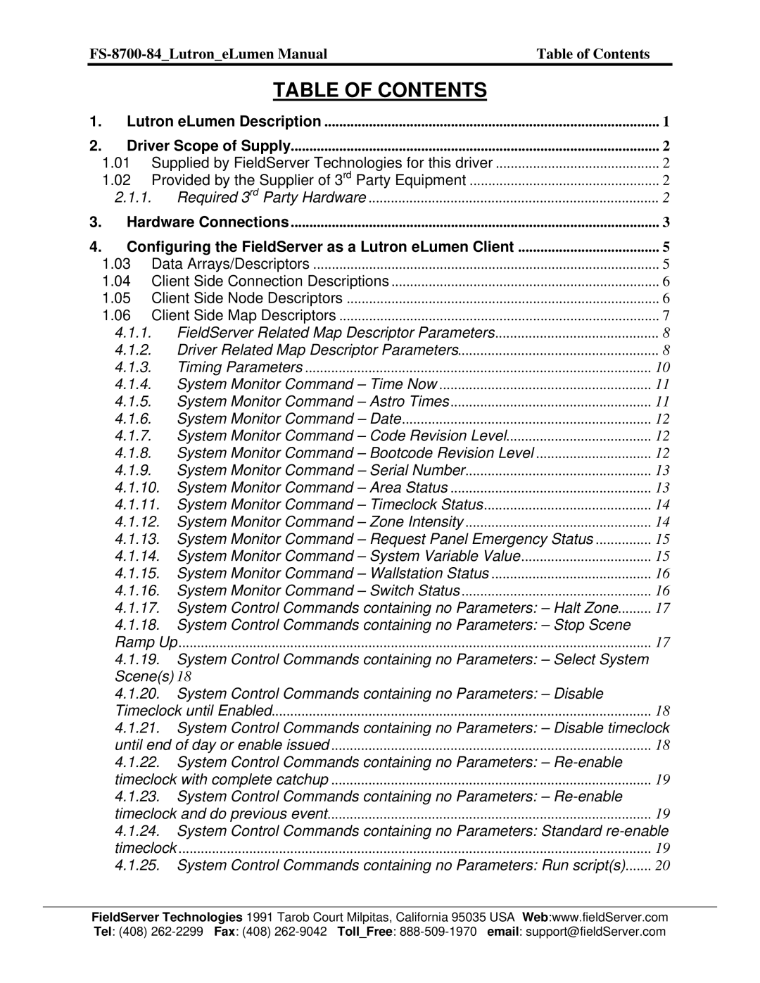 FieldServer FS-8700-84 instruction manual Table of Contents 