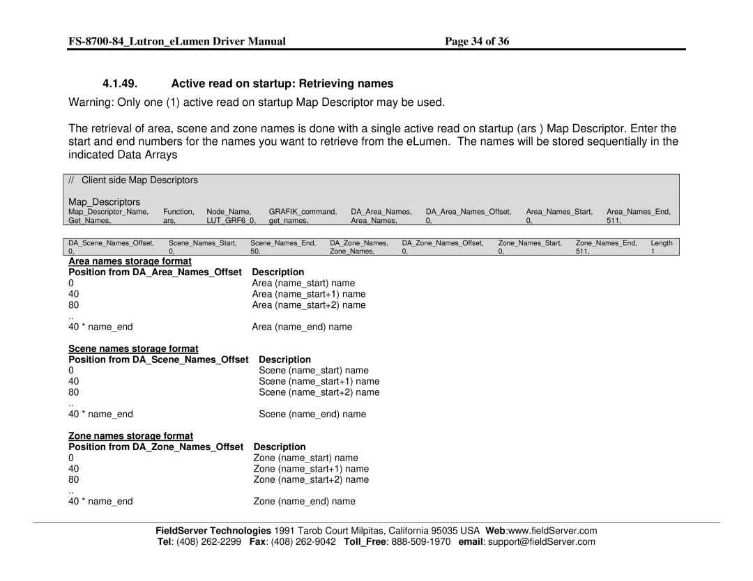 FieldServer FS-8700-84 instruction manual Active read on startup Retrieving names, Getnames AreaNames 511 