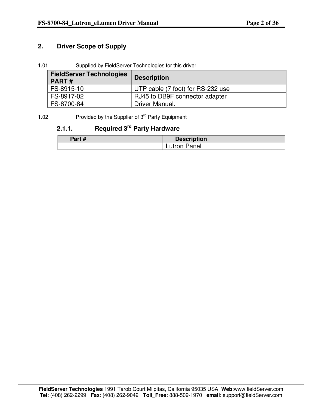 FieldServer FS-8700-84 Driver Scope of Supply, FieldServer Technologies Description, Required 3rd Party Hardware 