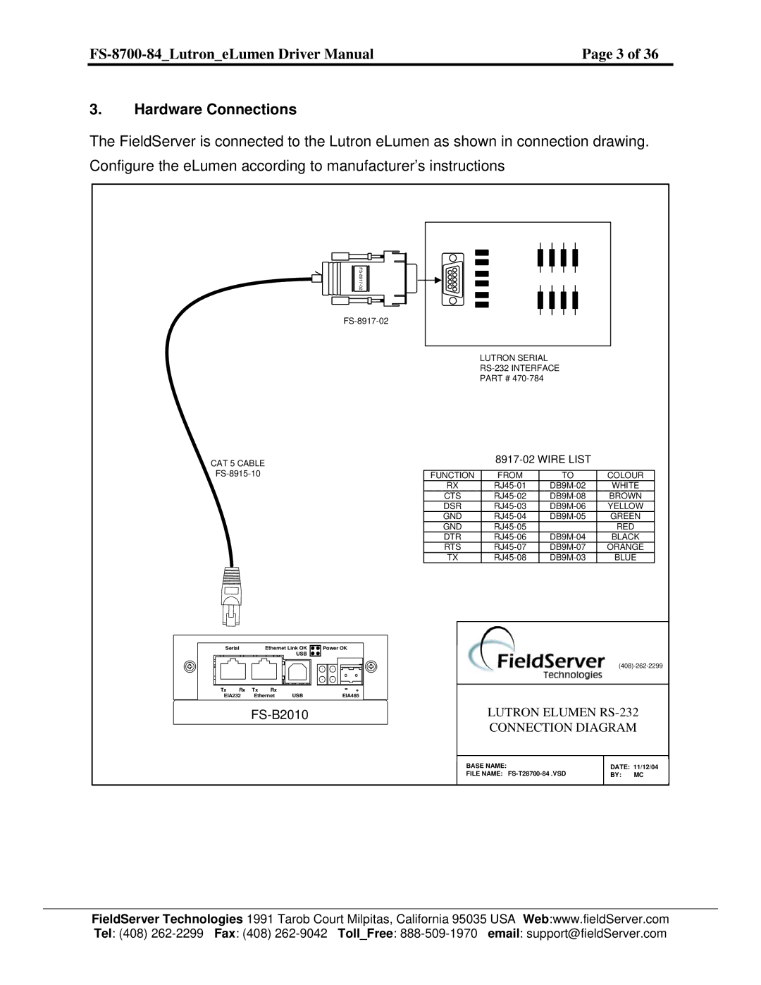 FieldServer FS-8700-84 instruction manual Hardware Connections, FS-B2010 