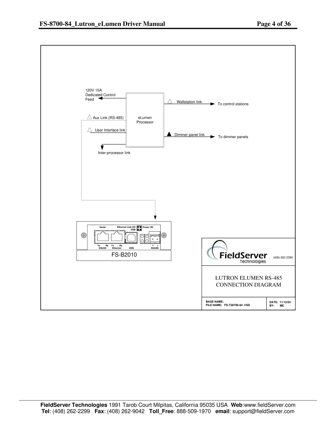 FieldServer FS-8700-84 instruction manual Lutron Elumen RS-485 