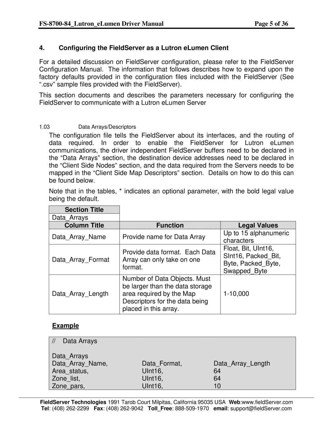 FieldServer FS-8700-84 instruction manual Section Title, Column Title Function Legal Values, Example 