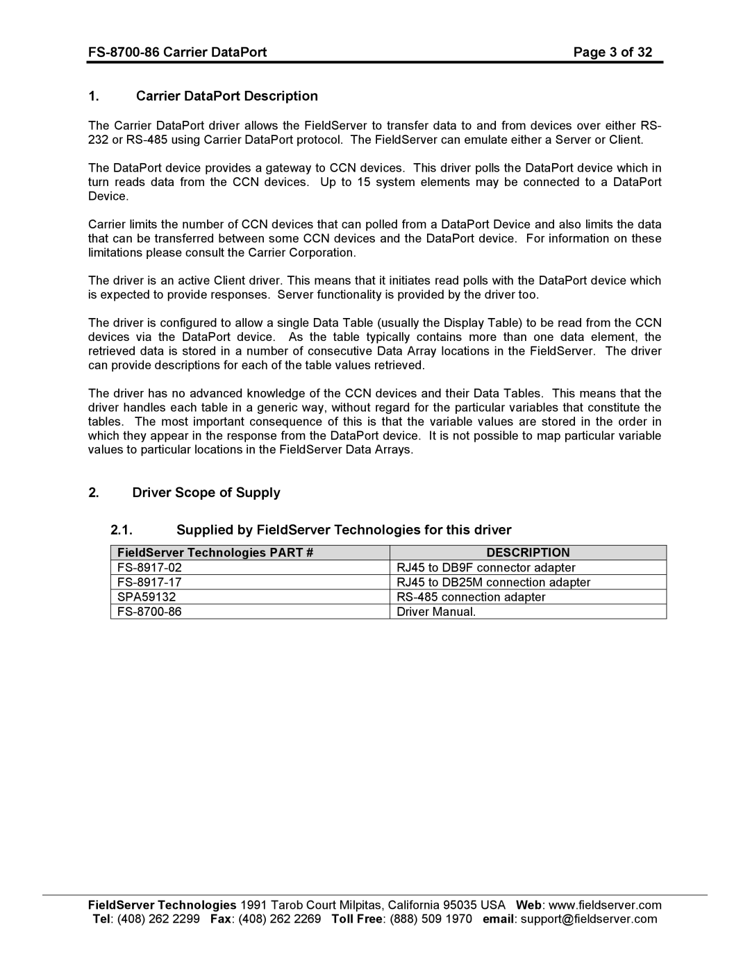 FieldServer instruction manual FS-8700-86 Carrier DataPort Carrier DataPort Description 