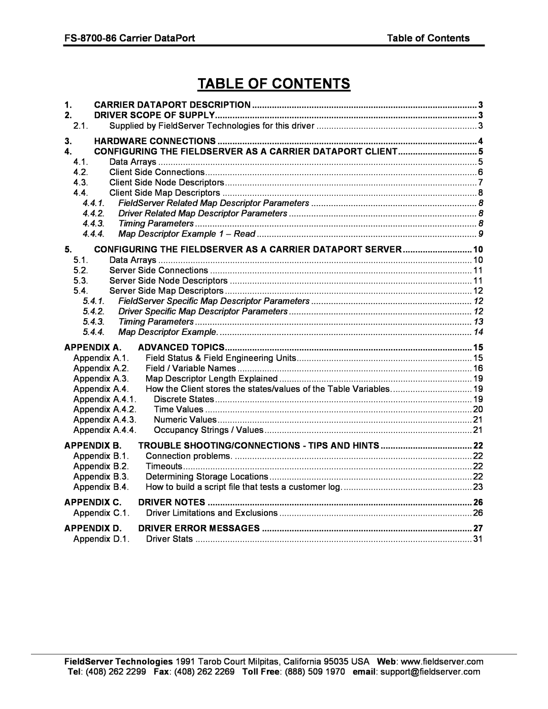 FieldServer instruction manual FS-8700-86 Carrier DataPort, Table of Contents, Table Of Contents 