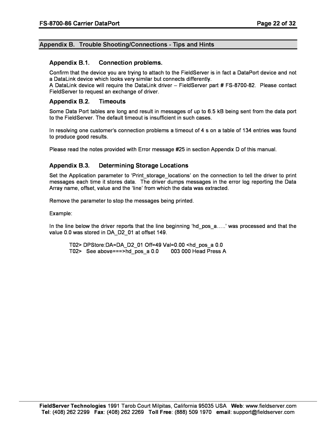 FieldServer FS-8700-86 Page 22 of, Appendix B. Trouble Shooting/Connections - Tips and Hints, Appendix B.2. Timeouts 
