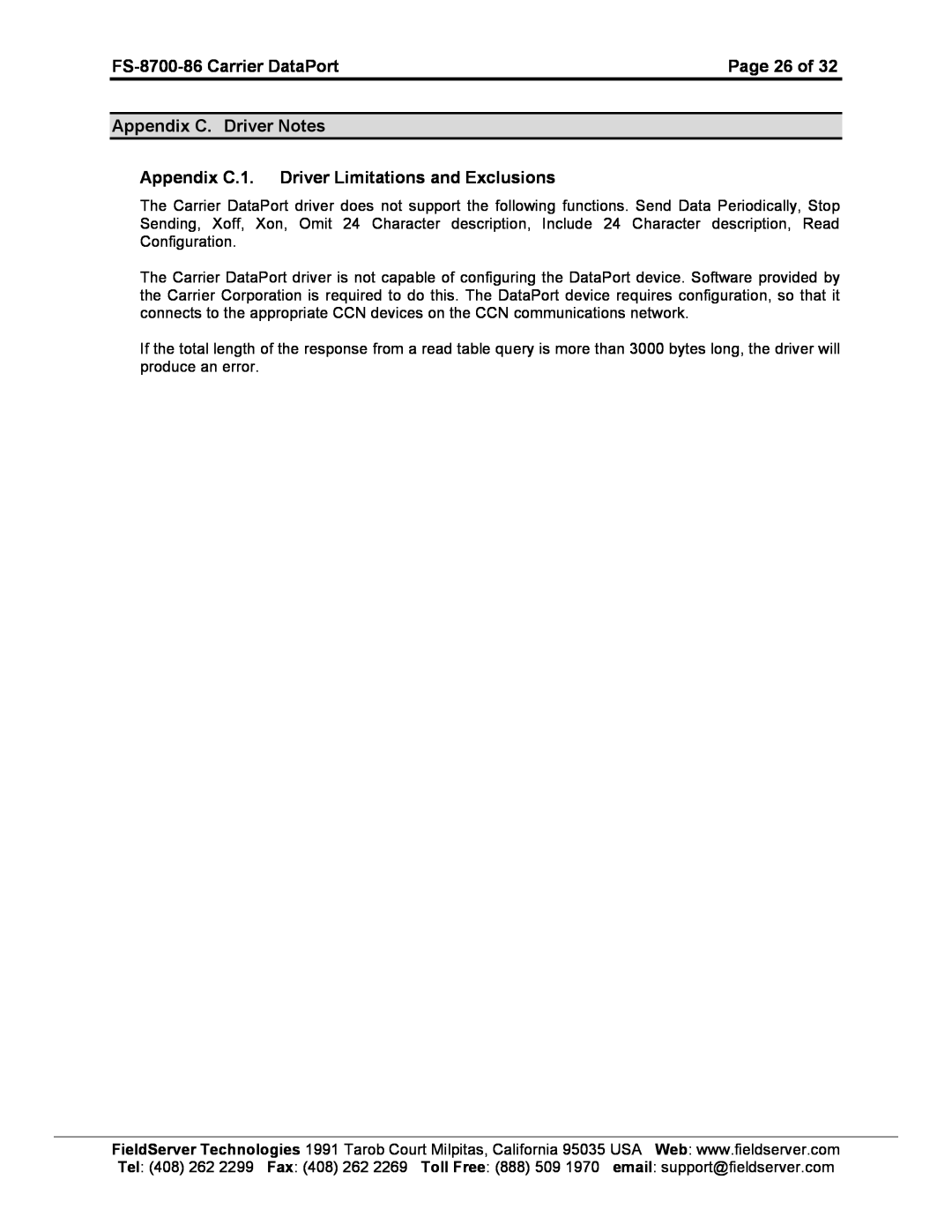 FieldServer FS-8700-86 Page 26 of, Appendix C. Driver Notes, Appendix C.1. Driver Limitations and Exclusions 