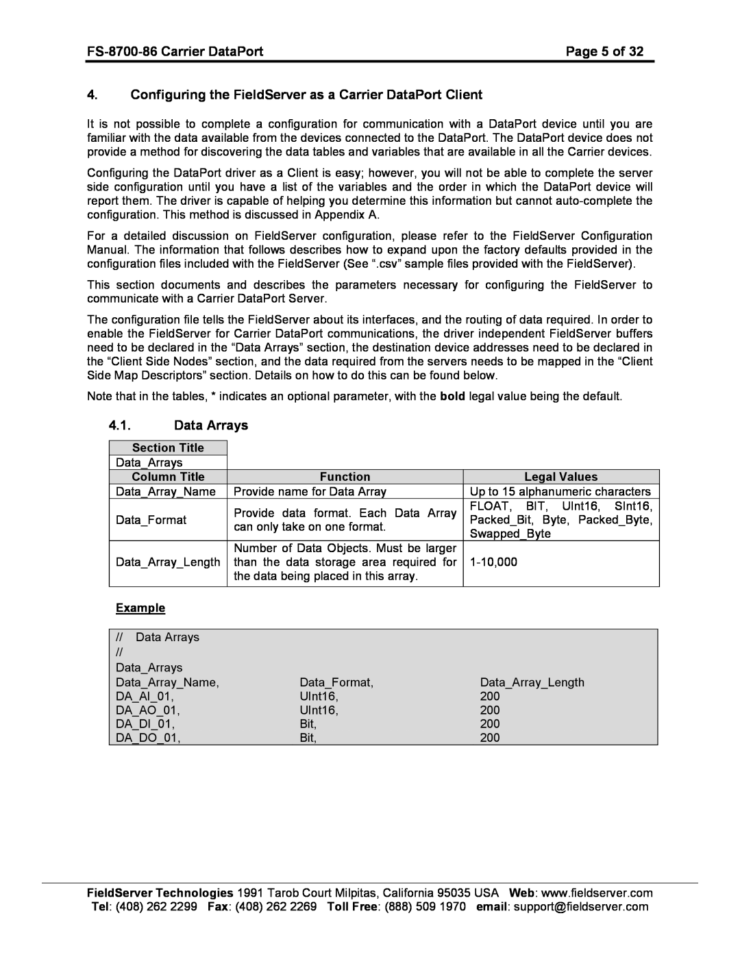 FieldServer FS-8700-86 instruction manual Page 5 of, Configuring the FieldServer as a Carrier DataPort Client, Data Arrays 
