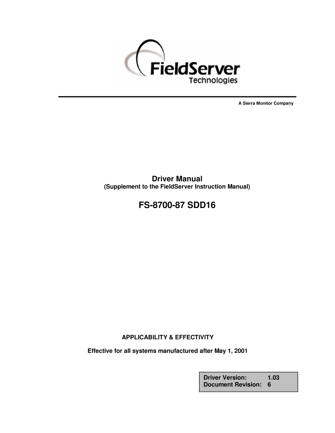 FieldServer instruction manual FS-8700-87 SDD16 