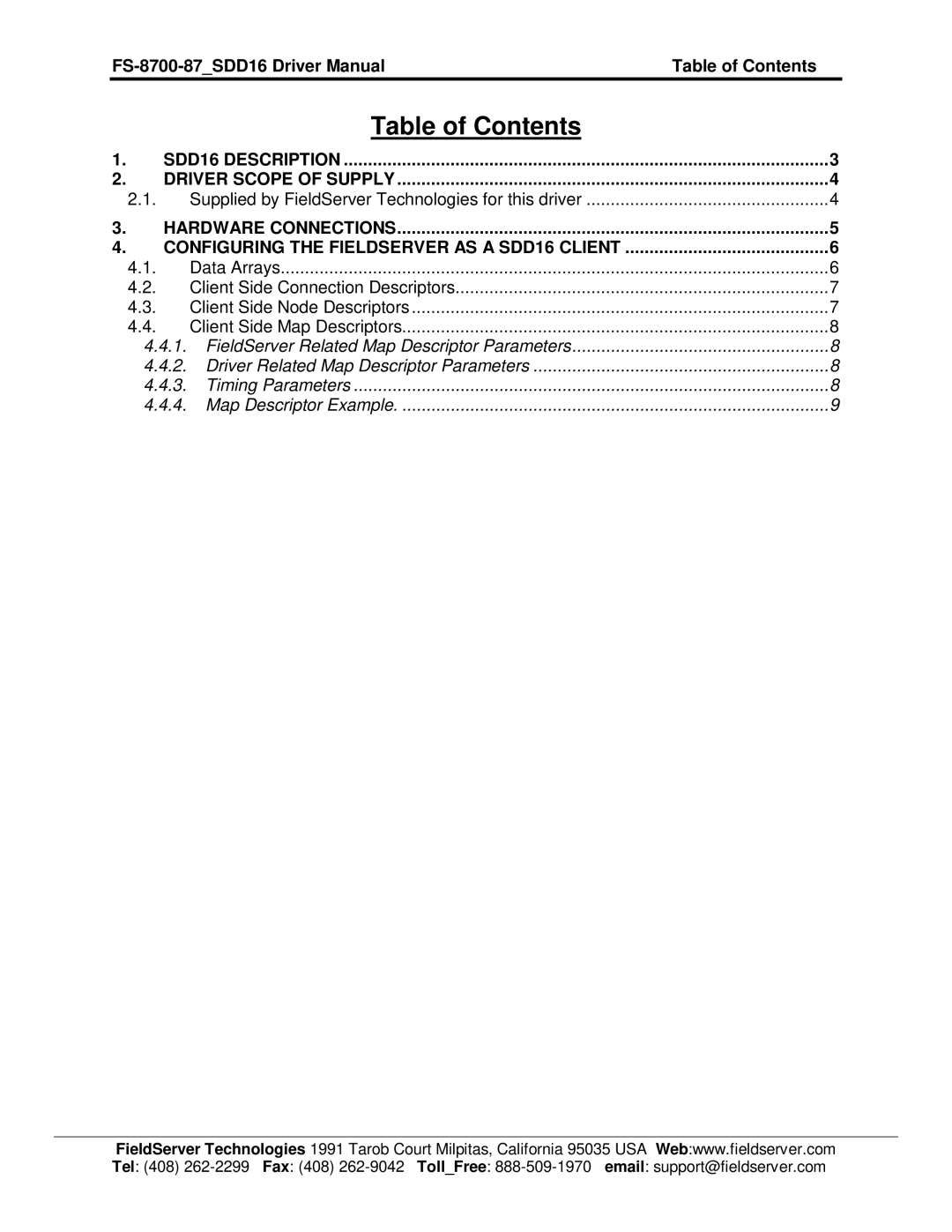 FieldServer FS-8700-87 instruction manual Table of Contents 