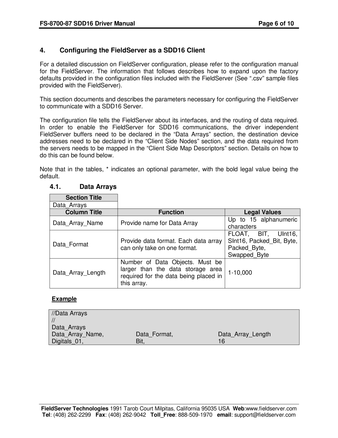 FieldServer FS-8700-87 instruction manual Configuring the FieldServer as a SDD16 Client, Data Arrays 