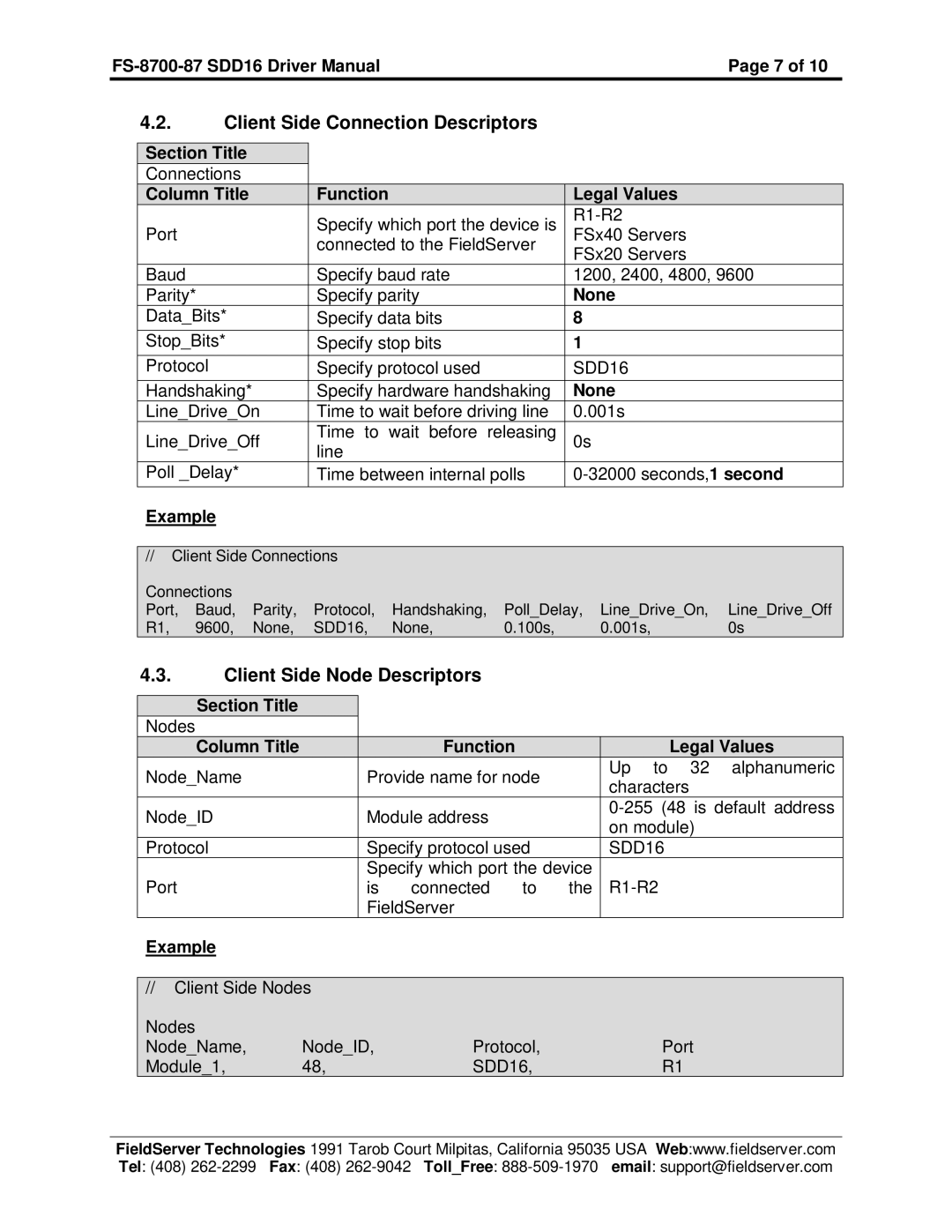 FieldServer FS-8700-87 instruction manual Client Side Connection Descriptors, Client Side Node Descriptors 